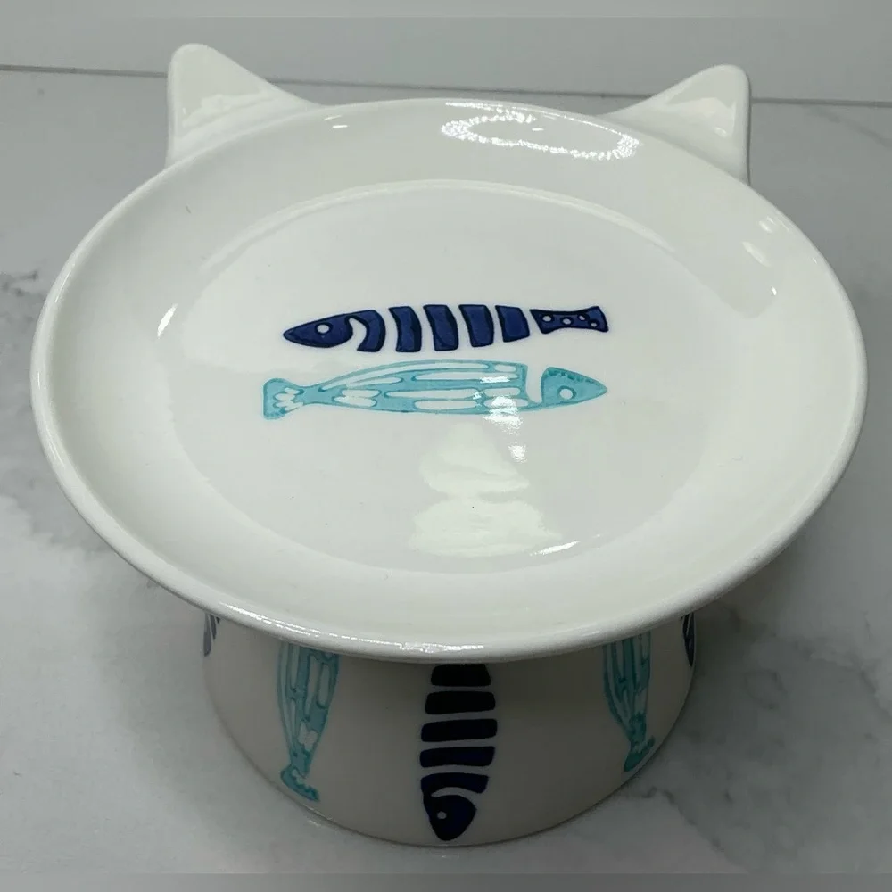 Signature Elevated Bowl Cat Food Blue & Aqua Ceramic Fish Design New